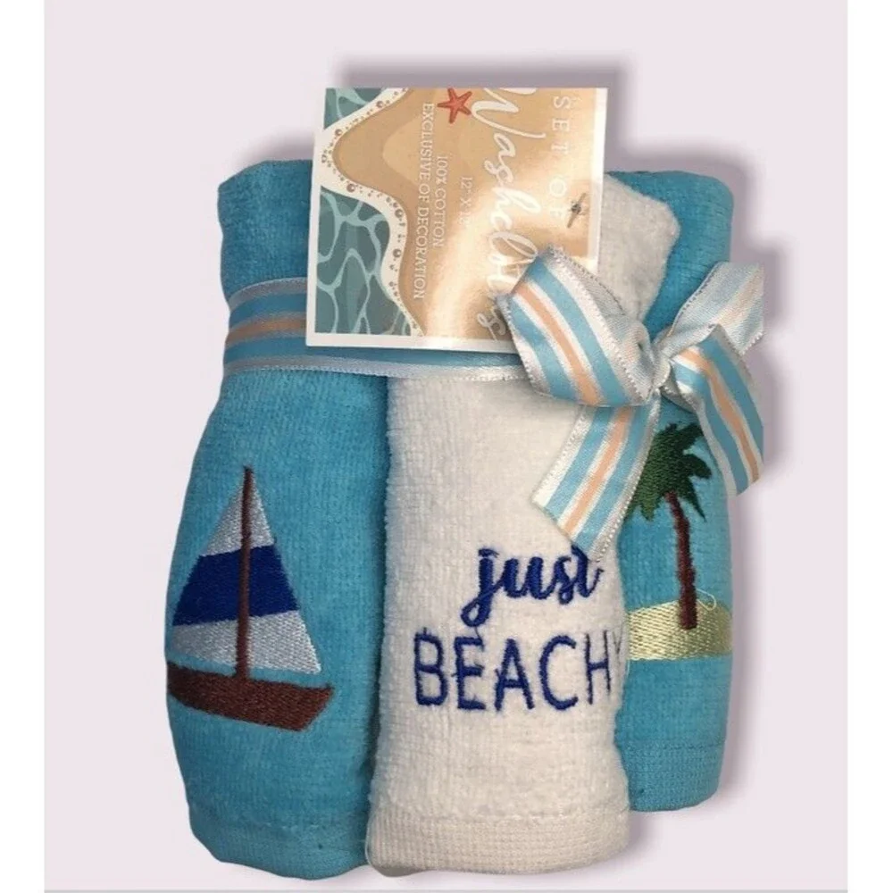 Tropical Washcloths Facecloths Beach Palm Tree Sailboat Embroidered Set of 5